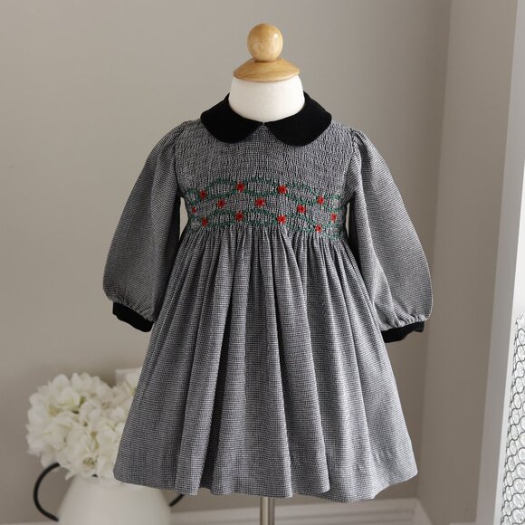Smocked Dress Black Houndstooth With Velvet Collar Classic Feltman/Friedknit